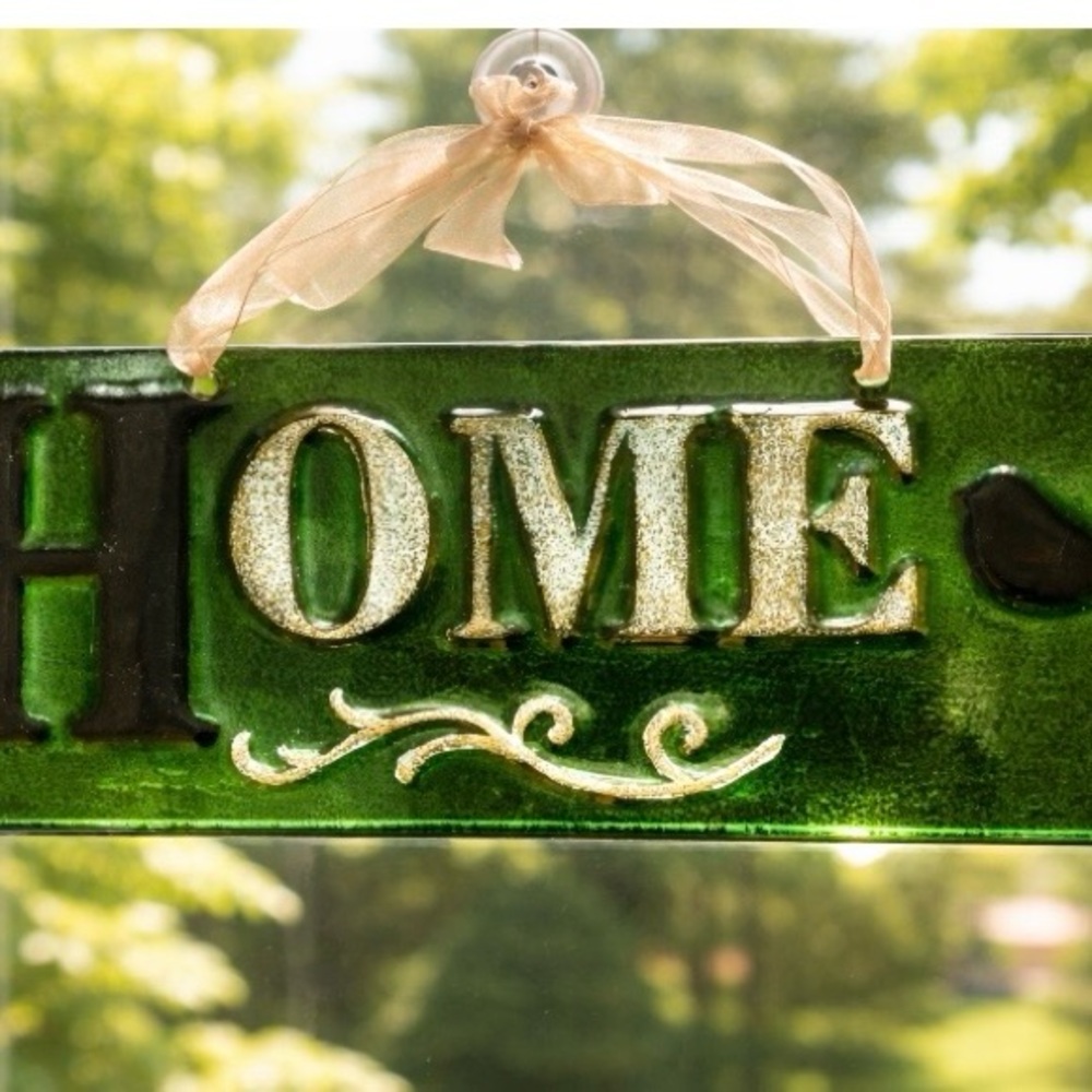 Green Glass “ Home” Sign with Ribbon